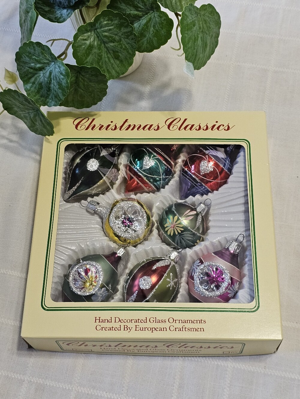 Vintage 1980s Christmas Classics Romanian Glass Ornaments Set of 8 Boxed